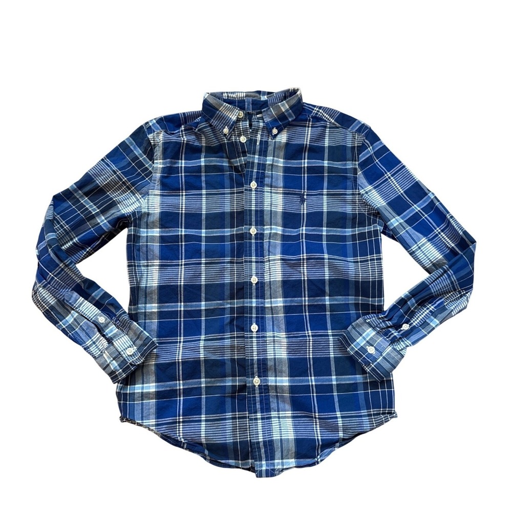 Polo Ralph Lauren Button Down Kids Blue‎ Plaid Natural Stretch SIZE L (14-16)